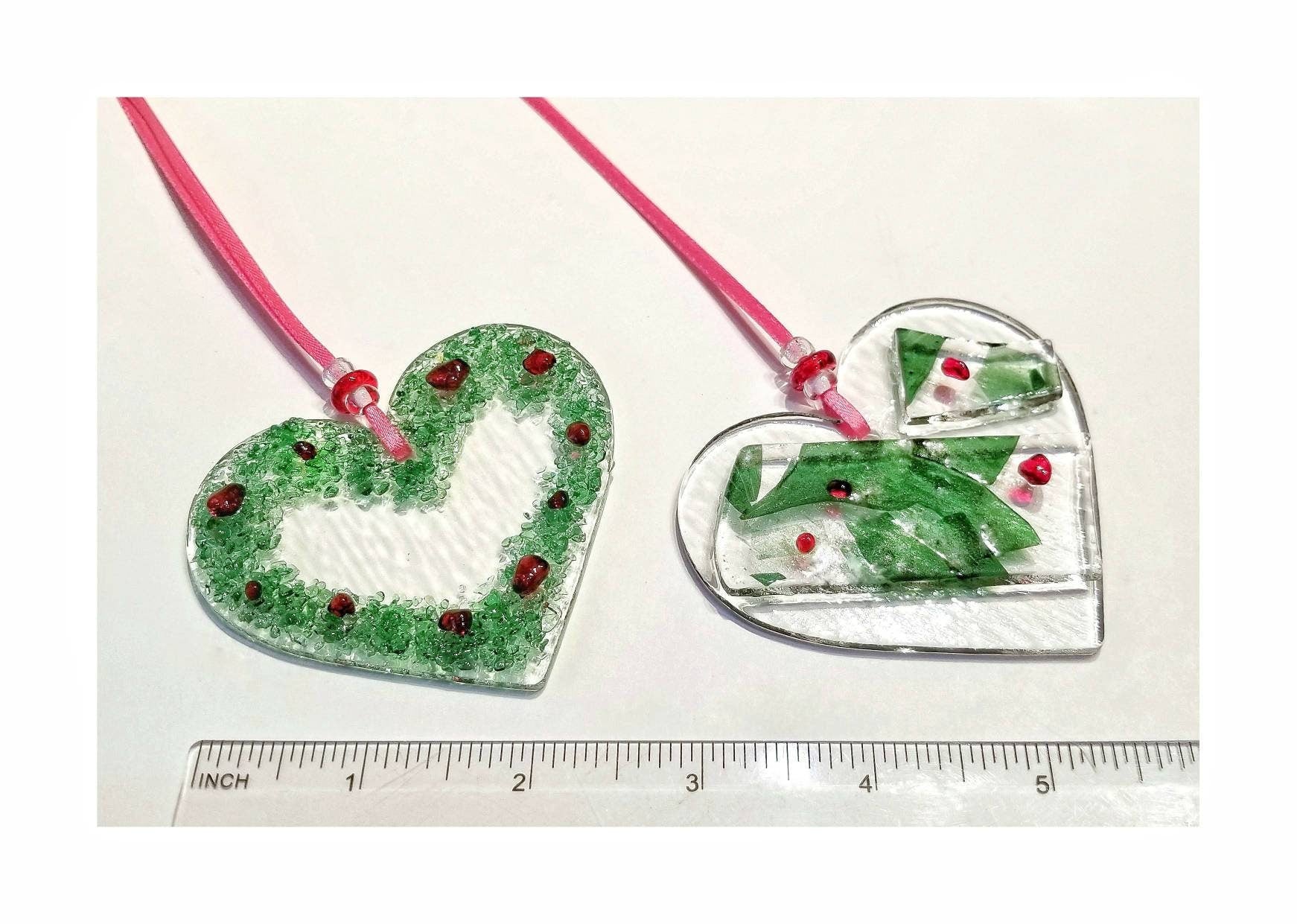Heart Shaped Wreath. Fused Glass Ornament, Suncatcher. Red & Light Green crushed glasses are kiln fired onto clear glass. Handmade by me.