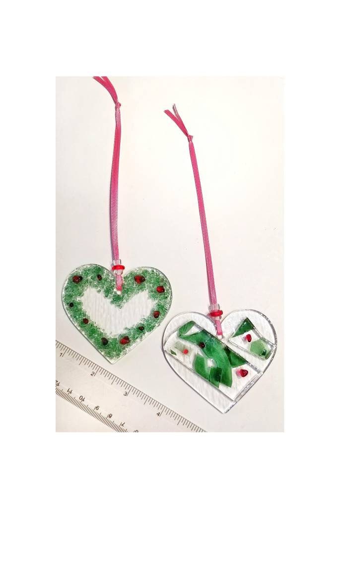 Heart Shaped Wreath. Fused Glass Ornament, Suncatcher. Red & Light Green crushed glasses are kiln fired onto clear glass. Handmade by me.
