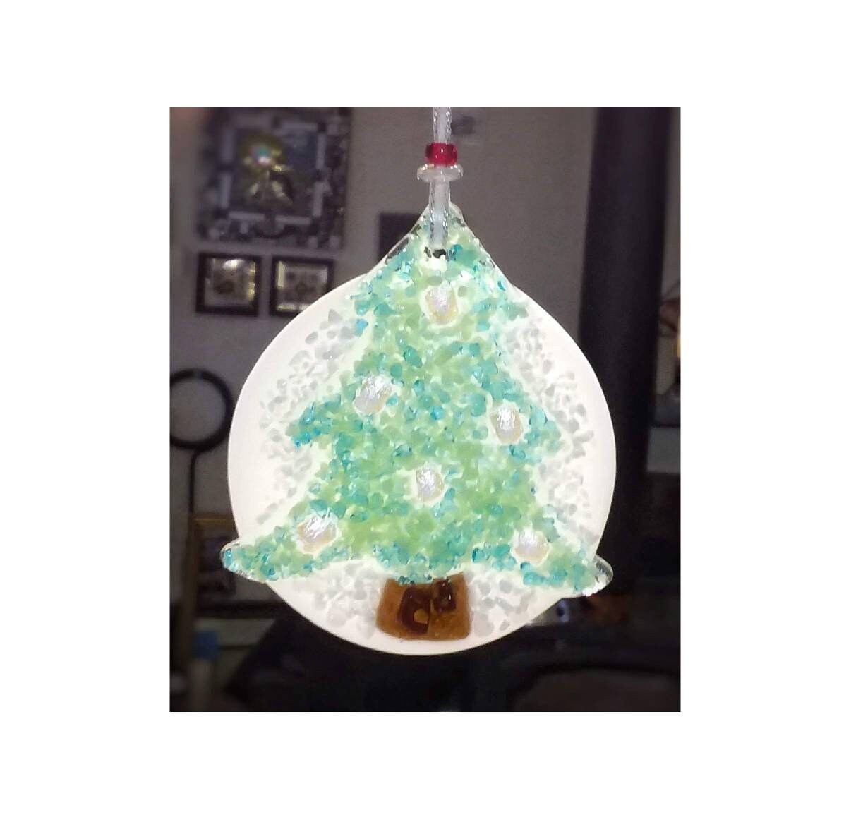 Christmas Tree Ornament. Fused Glass Art with green & white Embellished with Iridescent Dichroic glass. Includes beaded loop with gift box.