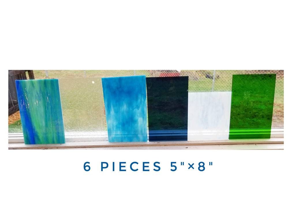 Stained Glass Sheets, 6 pack. Beautiful mix of Blues, Green, Cathedral Gray, Clear Double Glue Chip, Vintage White nice for dogwood flowers.