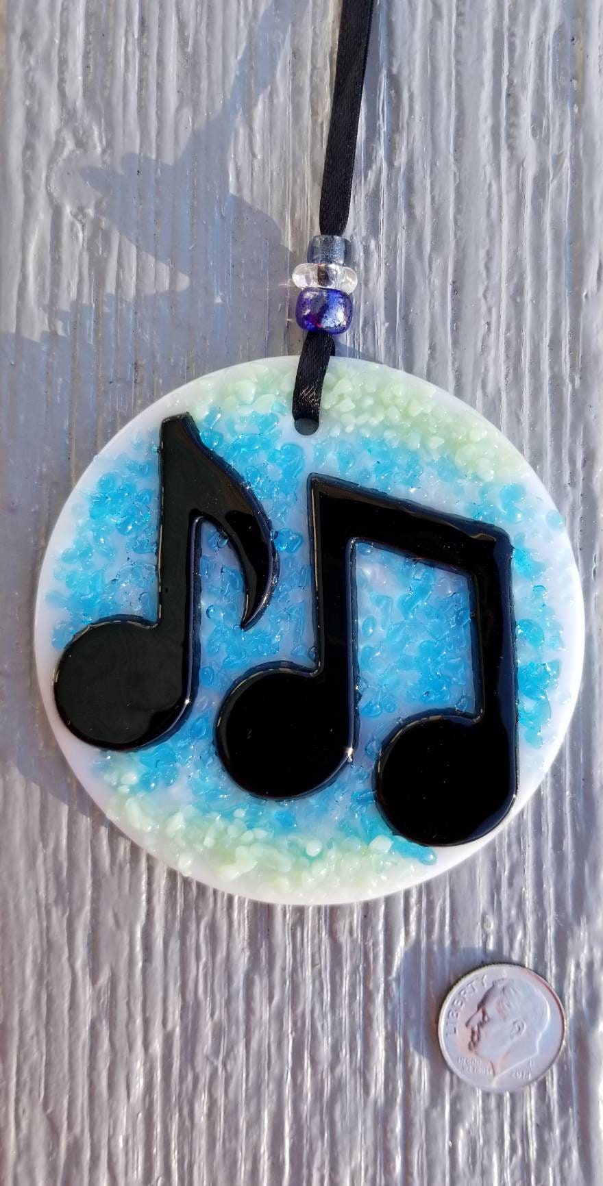 Musical Notes Suncatcher, Fused Glass Ornament. Blue, Green Crushed Glass is kiln fired to a glossy sheen. Music Teacher gift, thank you.