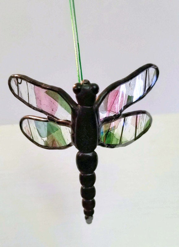 Dragonfly Glass Suncatcher, Stained Glass ornament, 3 Dimensional Figurine, Window Hanging, Includes shipping & gift wrapped.