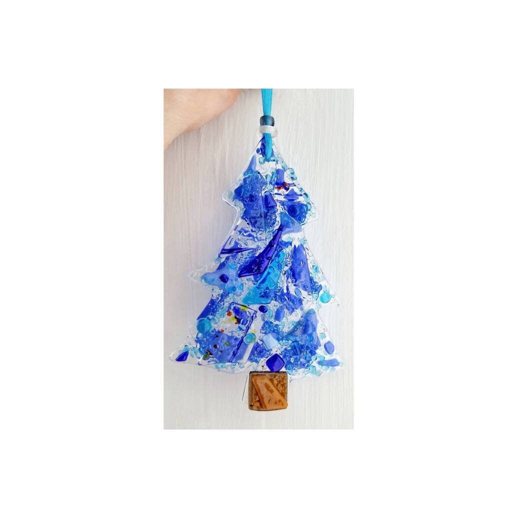 Blue Glass Tree Suncatcher. Cobalt, light blue & clear glass shapes are kiln fired to create this window hanging ornament. Shipping included