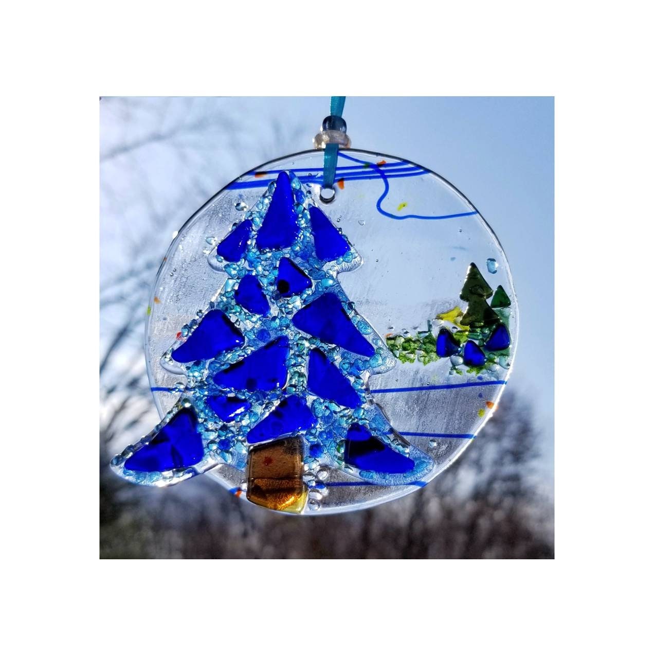 Fused Glass Tree, sun catcher hanging. Cobalt, light blues & clear. Crushed frit with confetti glass are kiln formed. Gift for tree lovers.