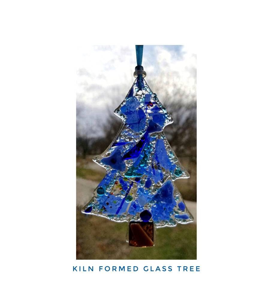 Blue Glass Tree Suncatcher. Cobalt, light blue & clear glass shapes are kiln fired to create this window hanging ornament. Shipping included