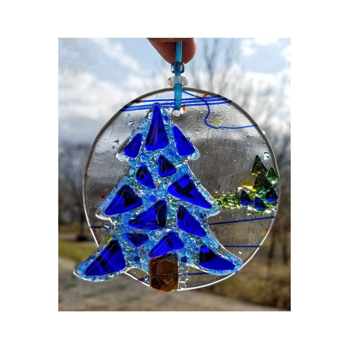 Fused Glass Tree, sun catcher hanging. Cobalt, light blues & clear. Crushed frit with confetti glass are kiln formed. Gift for tree lovers.