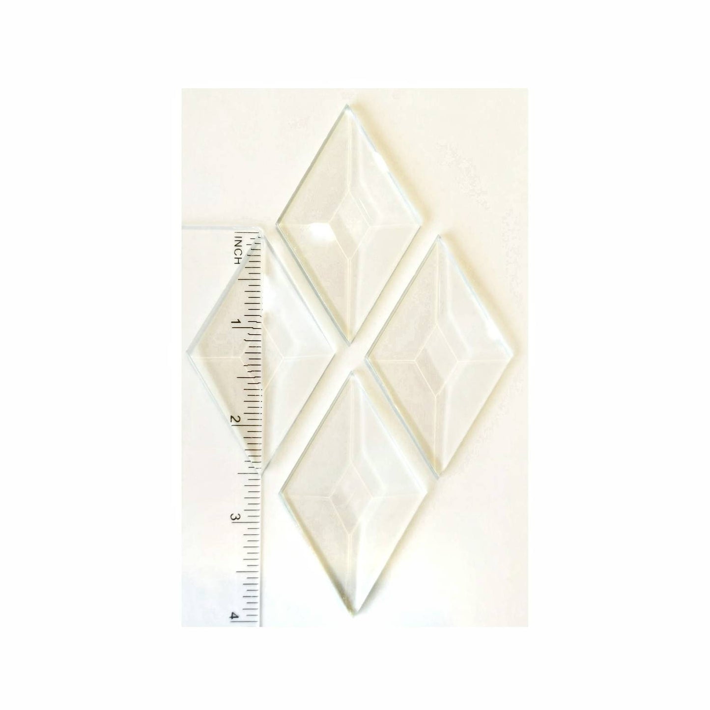 Stained Glass Bevels, Diamond Shaped. 1.5"× 2.5". Clear Prism Polished, Angled Edges. Sets of 4 or 8, listed in variations.