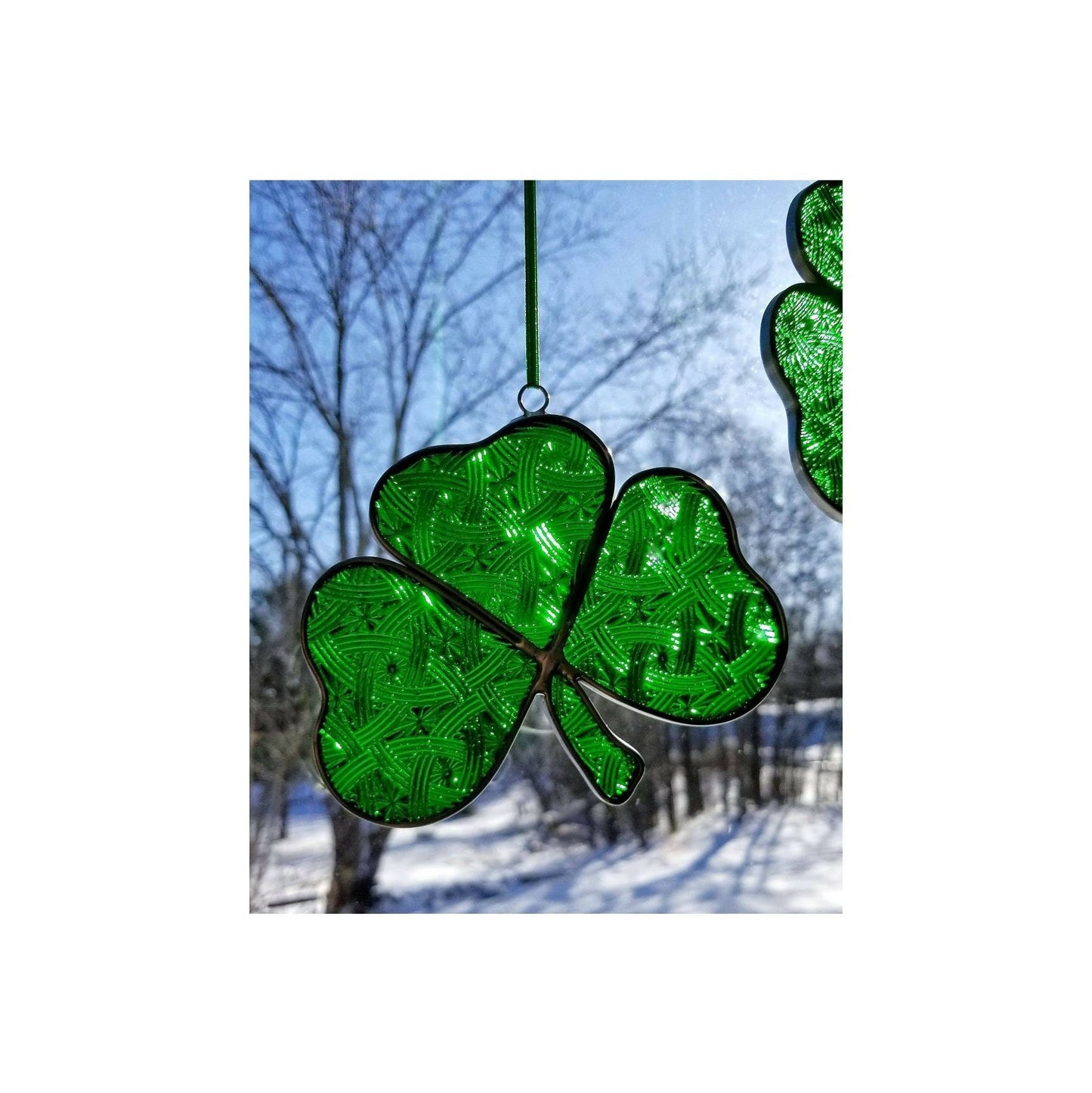 Shamrock Window Hanging, Sparkly Green Glass with Repeating Celtic Knots are Textured into the Stained Glass.
