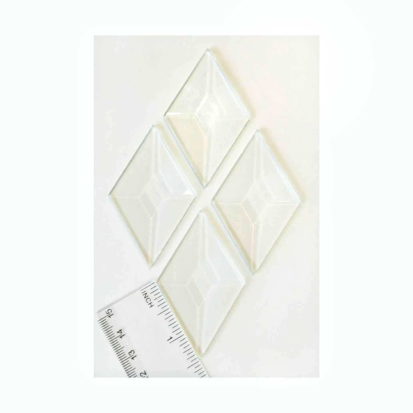 Stained Glass Bevels, Diamond Shaped. 1.5"× 2.5". Clear Prism Polished, Angled Edges. Sets of 4 or 8, listed in variations.