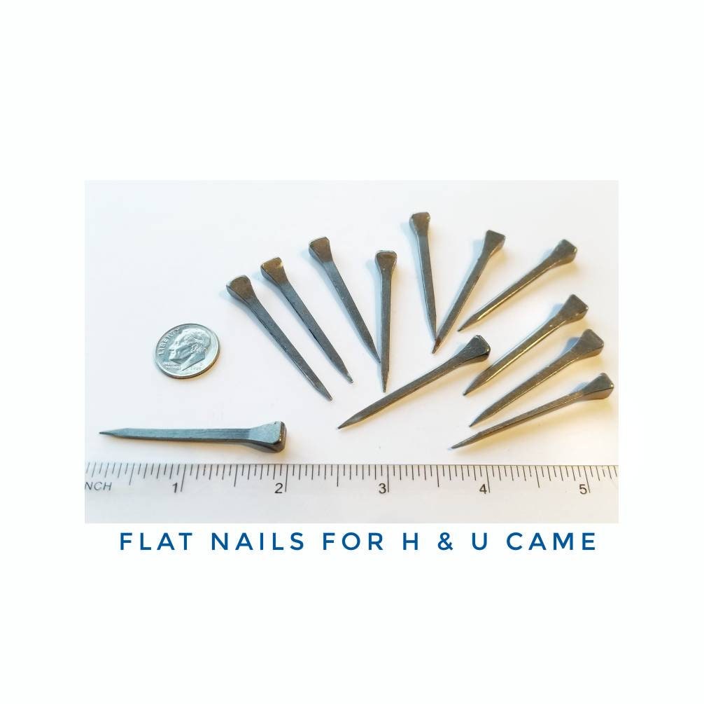 Stained Glass Supplies, Aluminum push pins & Horseshoe Nails for securing stained glass, foil or lead came. Flat nails, metal art collage.