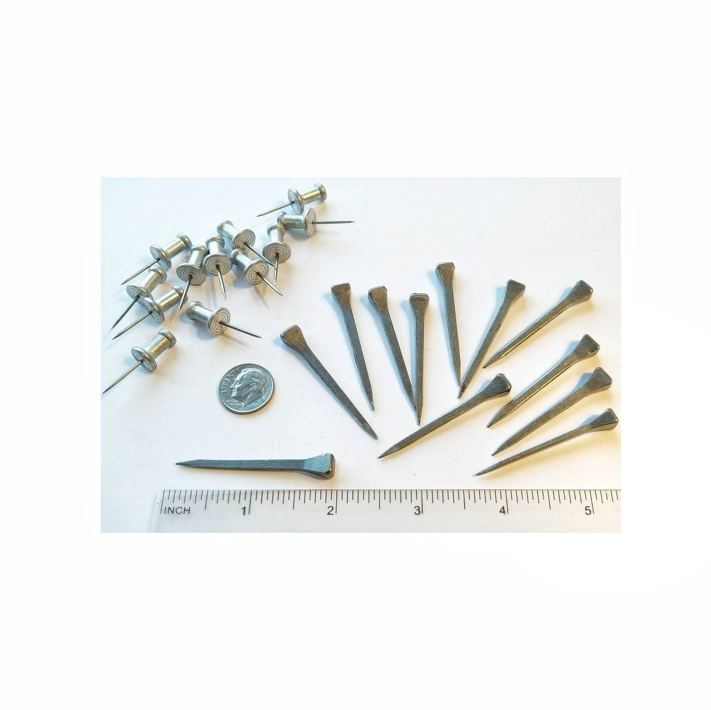 Stained Glass Supplies, Aluminum push pins & Horseshoe Nails for securing stained glass, foil or lead came. Flat nails, metal art collage.