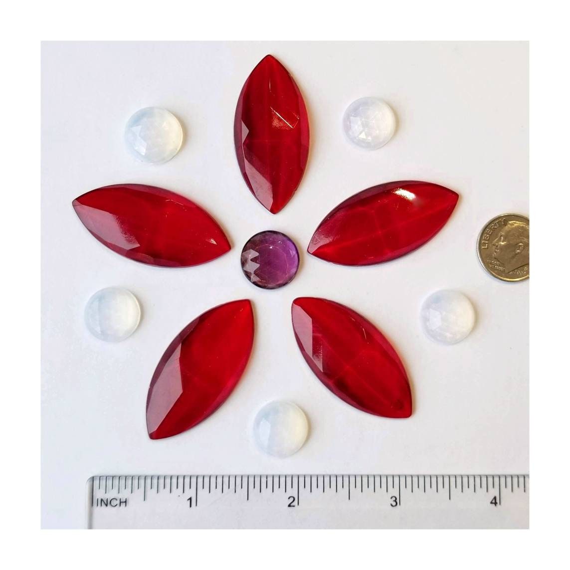 Red Jewels, Stained Glass, Vintage Faceted Gems for copper foil or lead came windows, 11 total in assorted sizes. Jewelry, crafts, pendant.