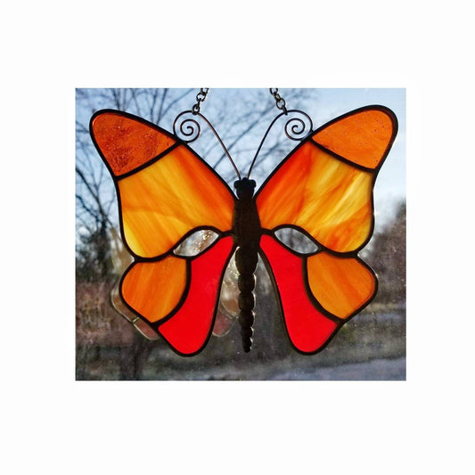 Butterfly Suncatcher, Orange Stained Glass Window Hanging, Fantasy, Monarch with 3D metal body, featuring rare vintage glass.