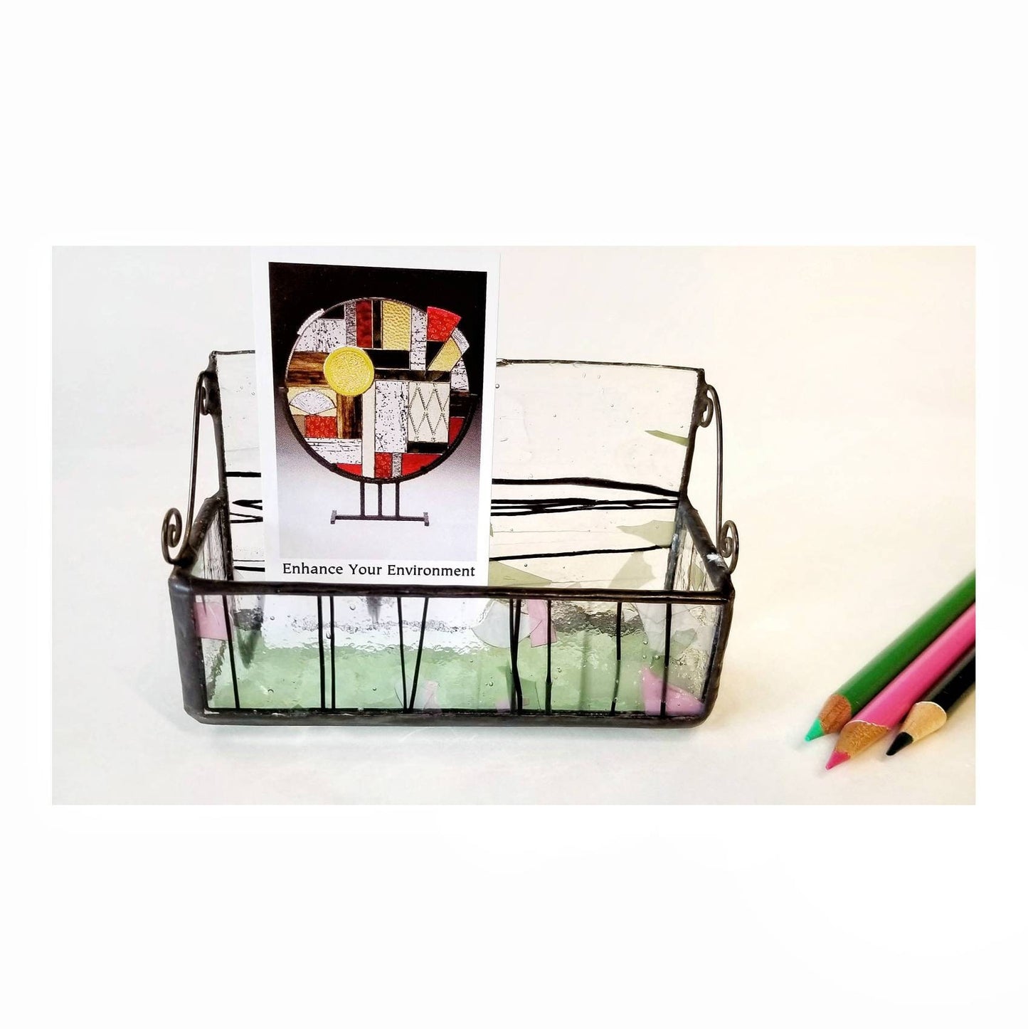 Business card holder Stained glass trinket box Pink & Green confetti w/Black stripes  Display for notes, office organization desk accessory