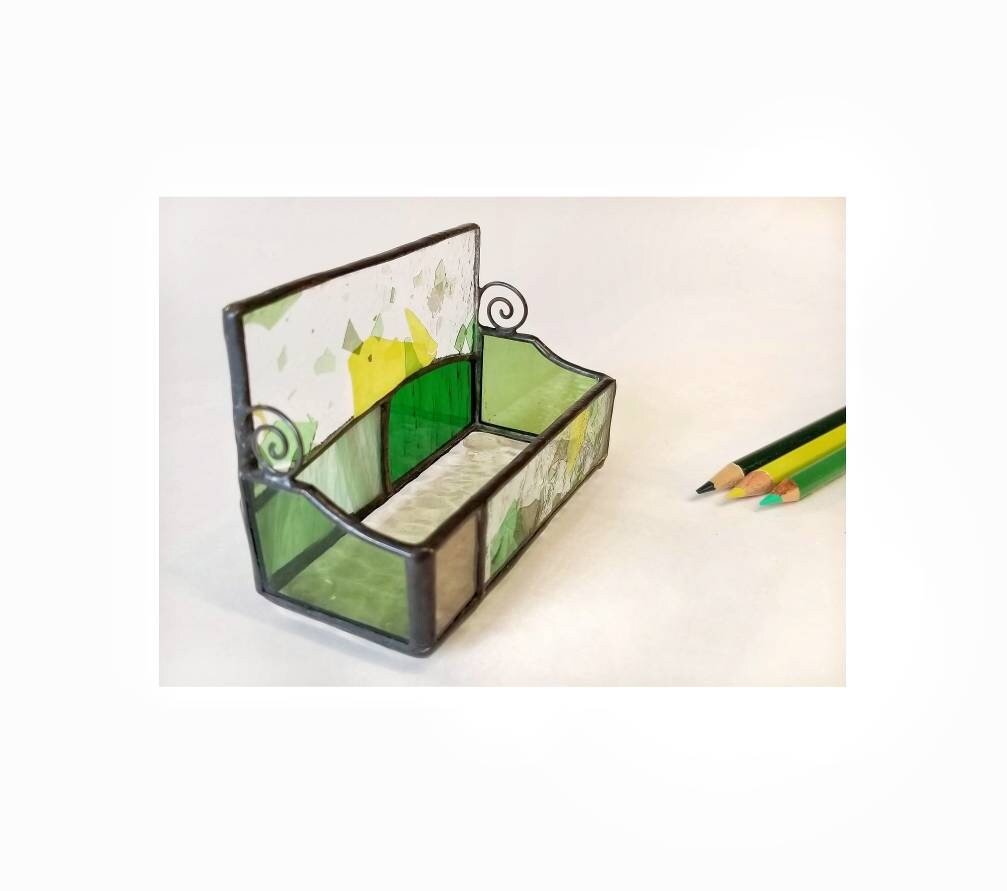 Business Card Holder. Stained glass trinket box with a yellow & green confetti glass.  Home office, desk organization accessory.