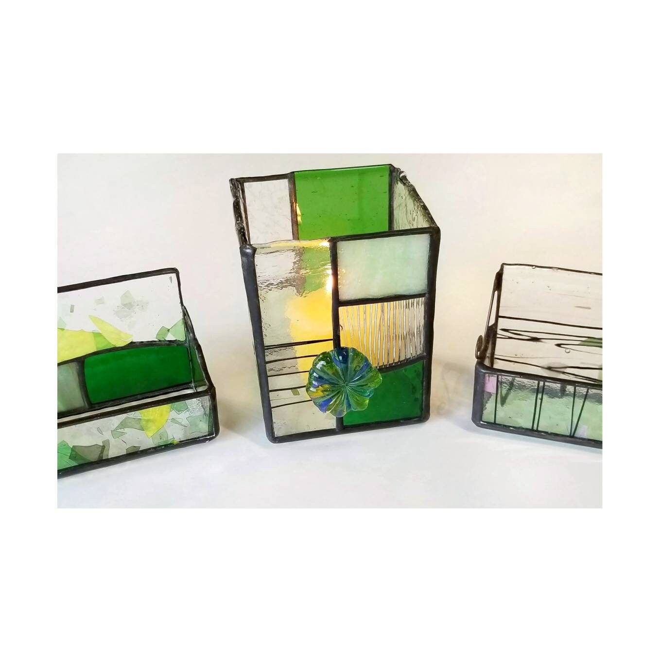 Stained Glass Box, votive candle shelter or pencil holder Elegant Office Organization for your desk, featuring a mouth blown glass flower