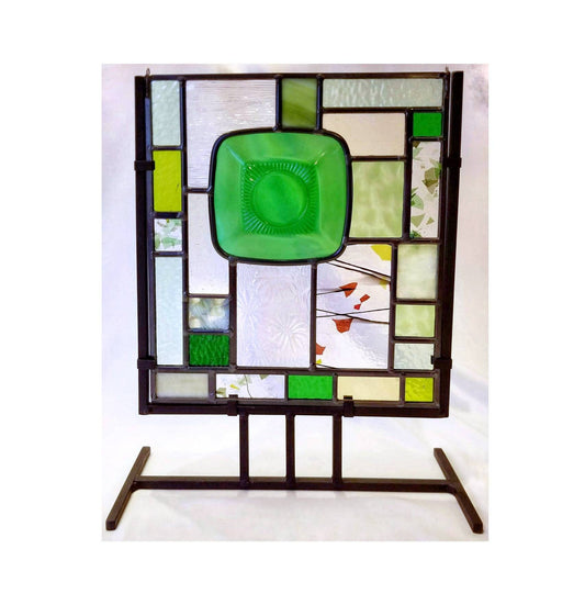 Stained Glass Panel with Vintage green saucer/Versatile window with black metal stand or with hooks & chain for hanging/Vintage Glasses