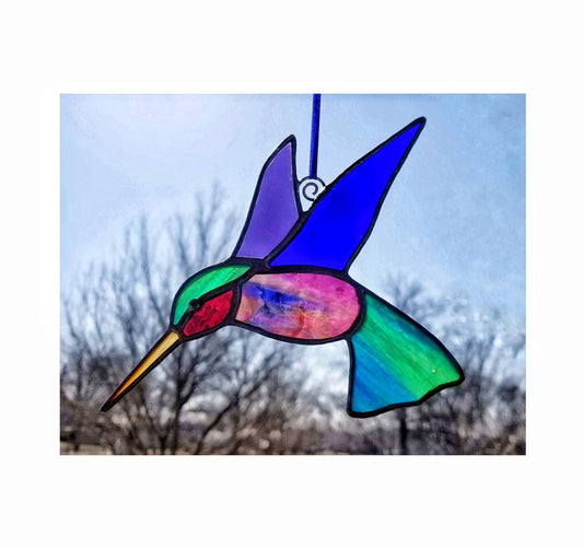 Glass Hummingbird Suncatcher. Stained Glass Window Hanging. Elegant and Handmade using vintage & newer sheets of glass. Pink, Purple, Blue.