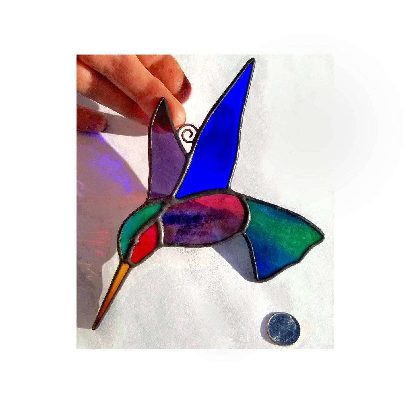 Glass Hummingbird Suncatcher. Stained Glass Window Hanging. Elegant and Handmade using vintage & newer sheets of glass. Pink, Purple, Blue.