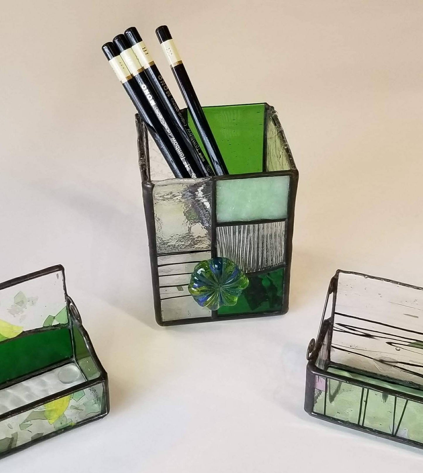 Stained Glass Box, votive candle shelter or pencil holder Elegant Office Organization for your desk, featuring a mouth blown glass flower