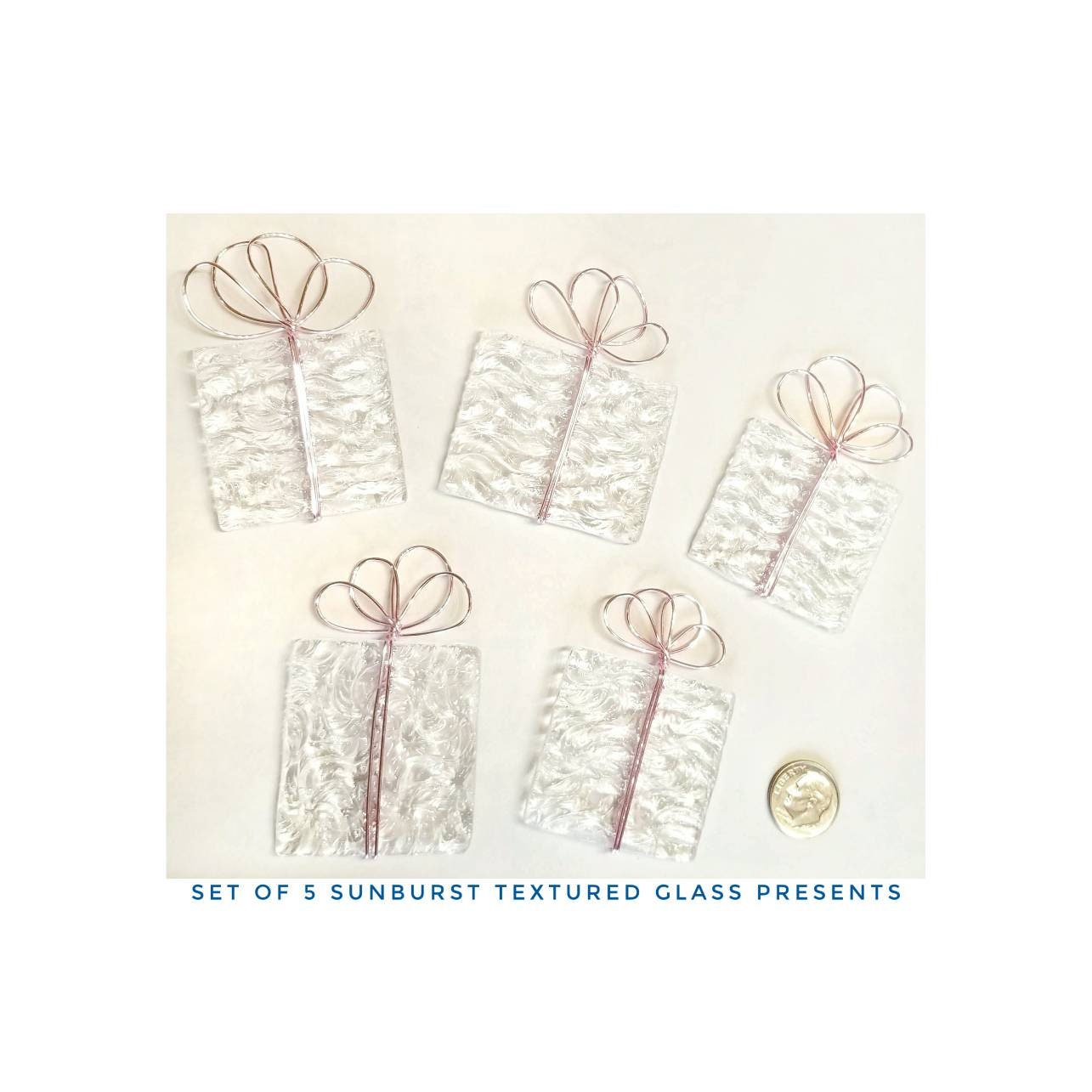 Gift Tag Decorations Stained Glass Ornament party favors, Set of 5 Textured clear glass with pink wire bow