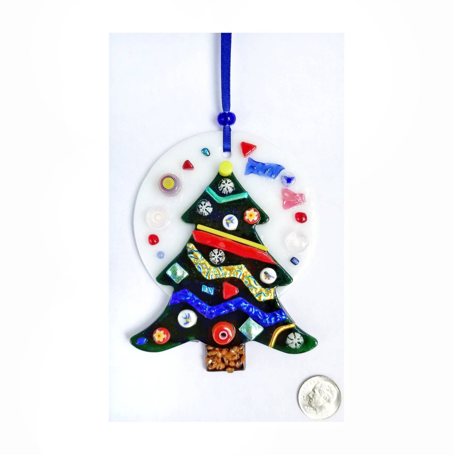 Fused Glass Tree suncatcher. Red, white, blue, dark green. Dichroic wavy glass. Evergreen Spruce tree ornament.