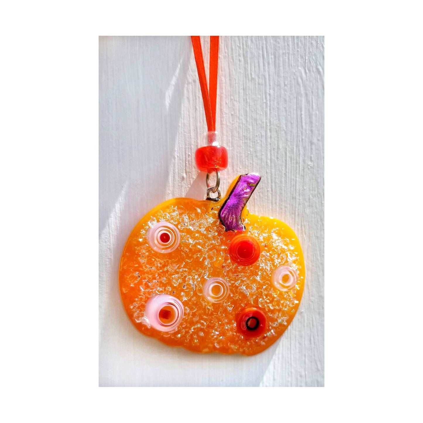 Fused glass Pumpkin Ornament. Gift tag, pendant, window hanging. Halloween decor, fall suncatcher. Purse, lanyard charm. Free shipping.