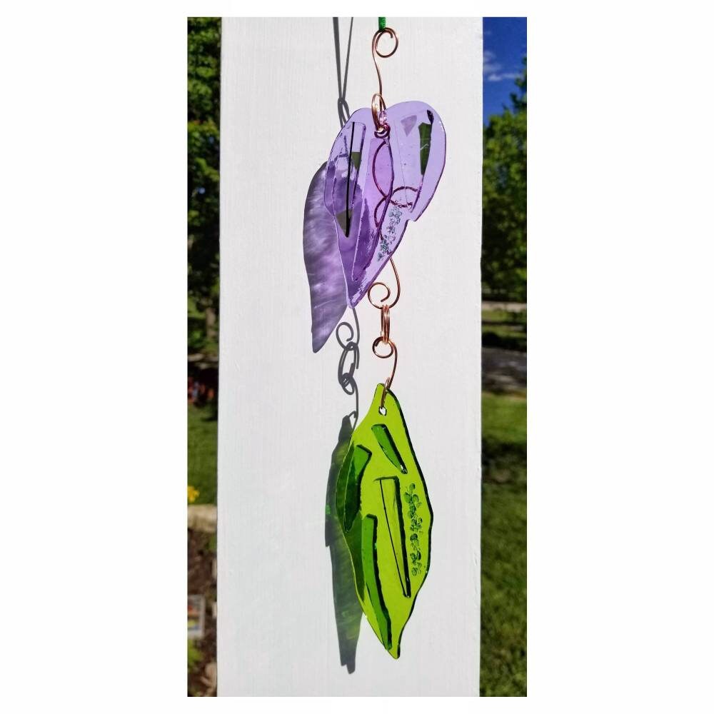 Leaves, Fused Glass Ornaments. Patio Porch Decor, Window Hanging. Mobile Accent, Pulls, Suncatcher. Set of 2. Purple Violet & Spring Green.