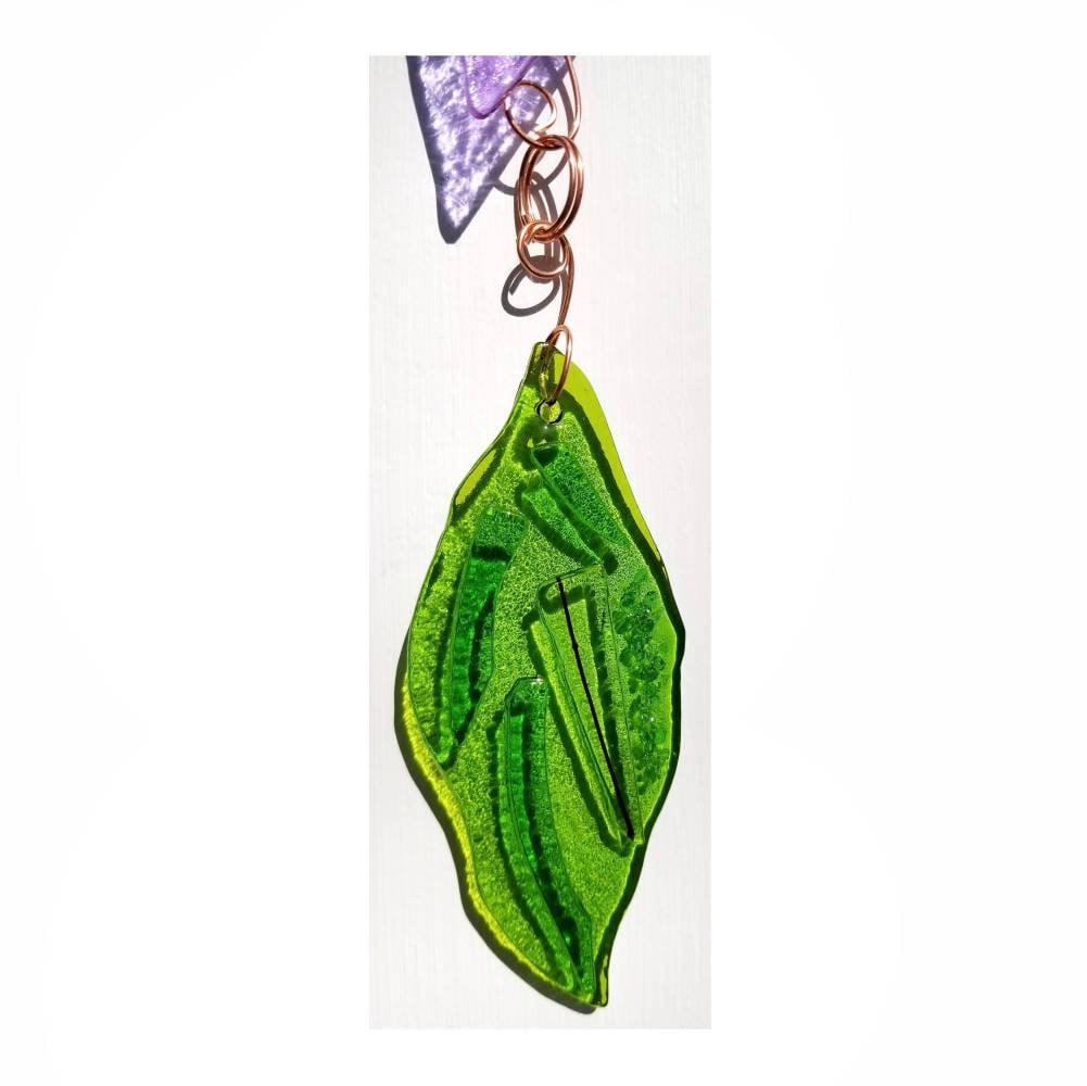 Leaves, Fused Glass Ornaments. Patio Porch Decor, Window Hanging. Mobile Accent, Pulls, Suncatcher. Set of 2. Purple Violet & Spring Green.