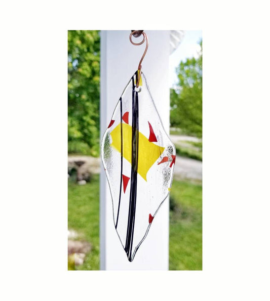 Summer Leaf suncatcher. Fused Glass ornament, window hanging, windchime component. Garden, porch decor for home. Curtain chain, copper wire.