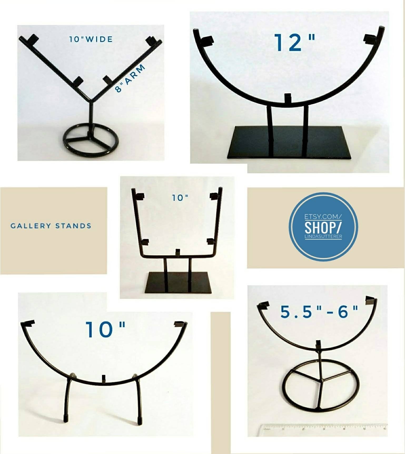 Display stand on sturdy base. Black Metal 4" Frame for Round or Squared Glass Art. Heavy wrought iron for mixed media art. Single or Pair.