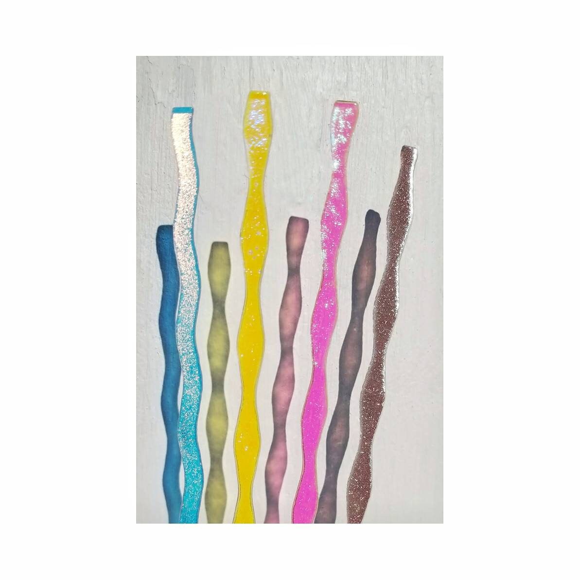 Dichroic Sheet Glass. Fire Strips on Clear each 8" long. Coe 90 Fusible Glass, Jewelry accessories. 4 pieces, wavey shapes. Mixed Pack.
