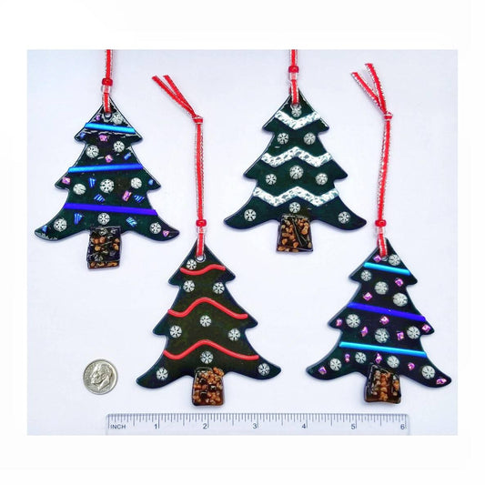 Glass Christmas Ornaments. Snowflakes & Bright Dichroic Glass are Kiln Fused to an Evergreen Shaped Tree. SET of 4, each tree Gift boxed.