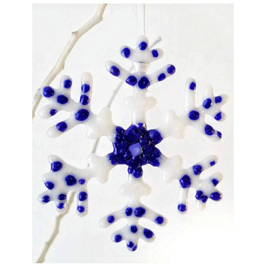 Winter Snowflake Ornament, Kiln Fused Glass, Cobalt Blue & White. Thoughtful gifts for Christmas or Hanauka. Includes Clear padded gift box.