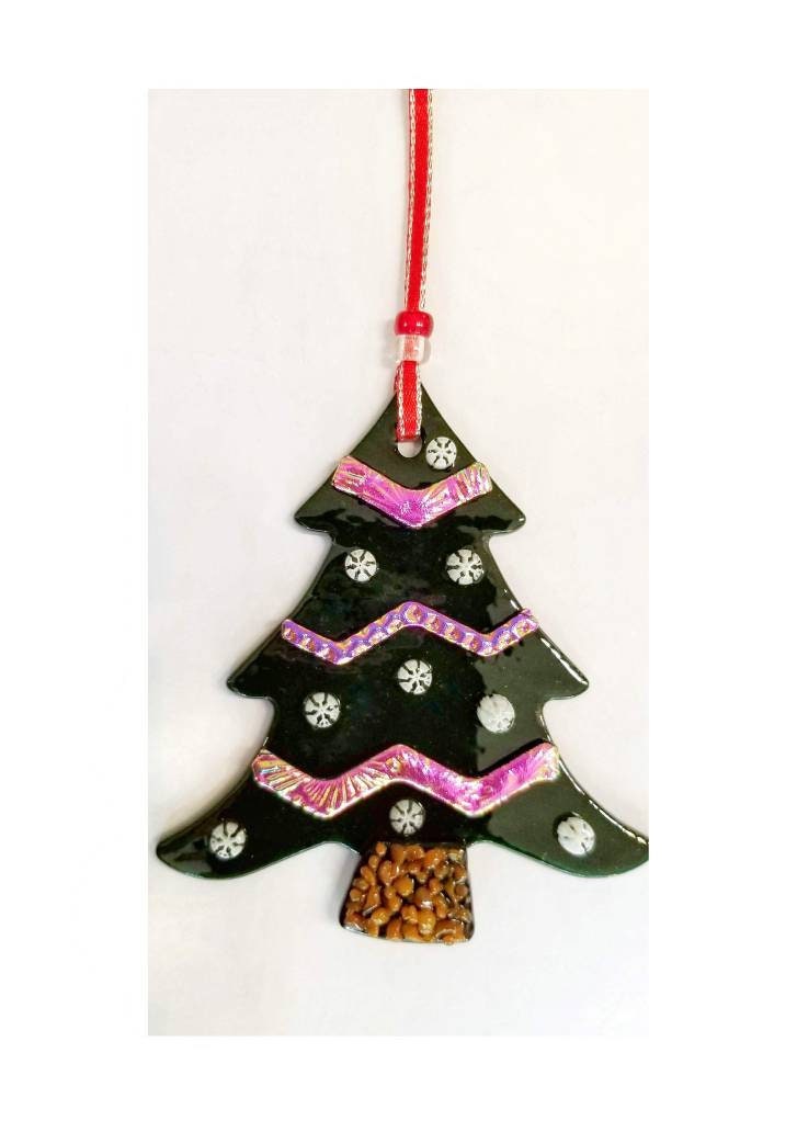Glass Christmas Ornaments. Snowflakes & Bright Dichroic Glass are Kiln Fused to an Evergreen Shaped Tree. SET of 4, each tree Gift boxed.