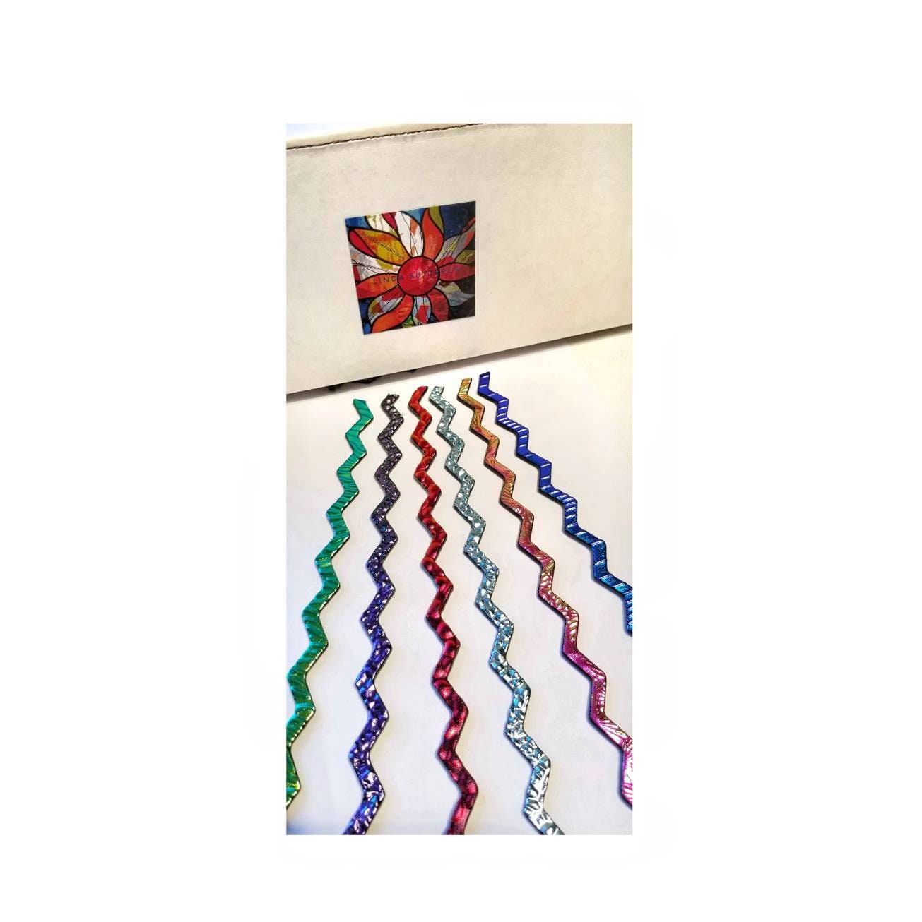 Dichroic Sheet Glass. Bright Purple, Pink Orange on Wavy Black Glass. 4 pieces, each 8" long. Coe 90 Fusible Glass. Jewelry accessories.
