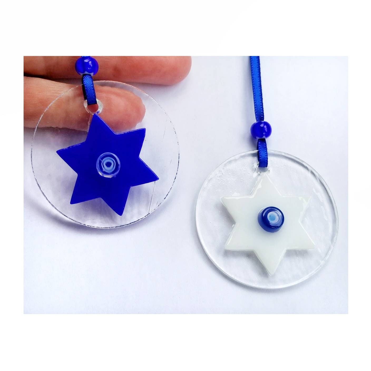 Star of David, Fused Glass Ornaments. Set of 2 Handmade Gift Tags. Bright Blue & White on Clear. 2" Dia. Hanukkah, Bar Mitzvah Celebrations.