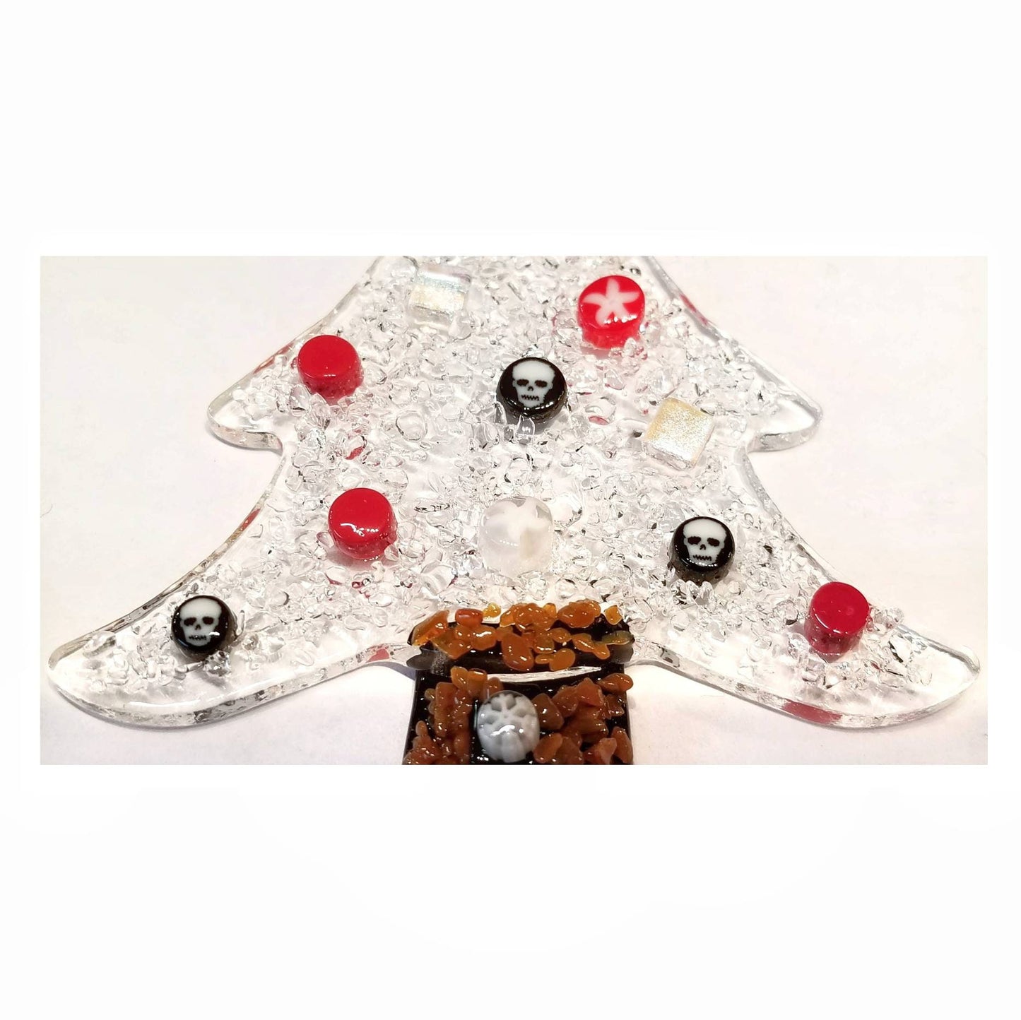 Goth Tree Ornament. Skull & Star Millefiori on Crushed Clear Glass. Alternative, Gothic Decor. Halloween Skull suncatcher, clear gift box.