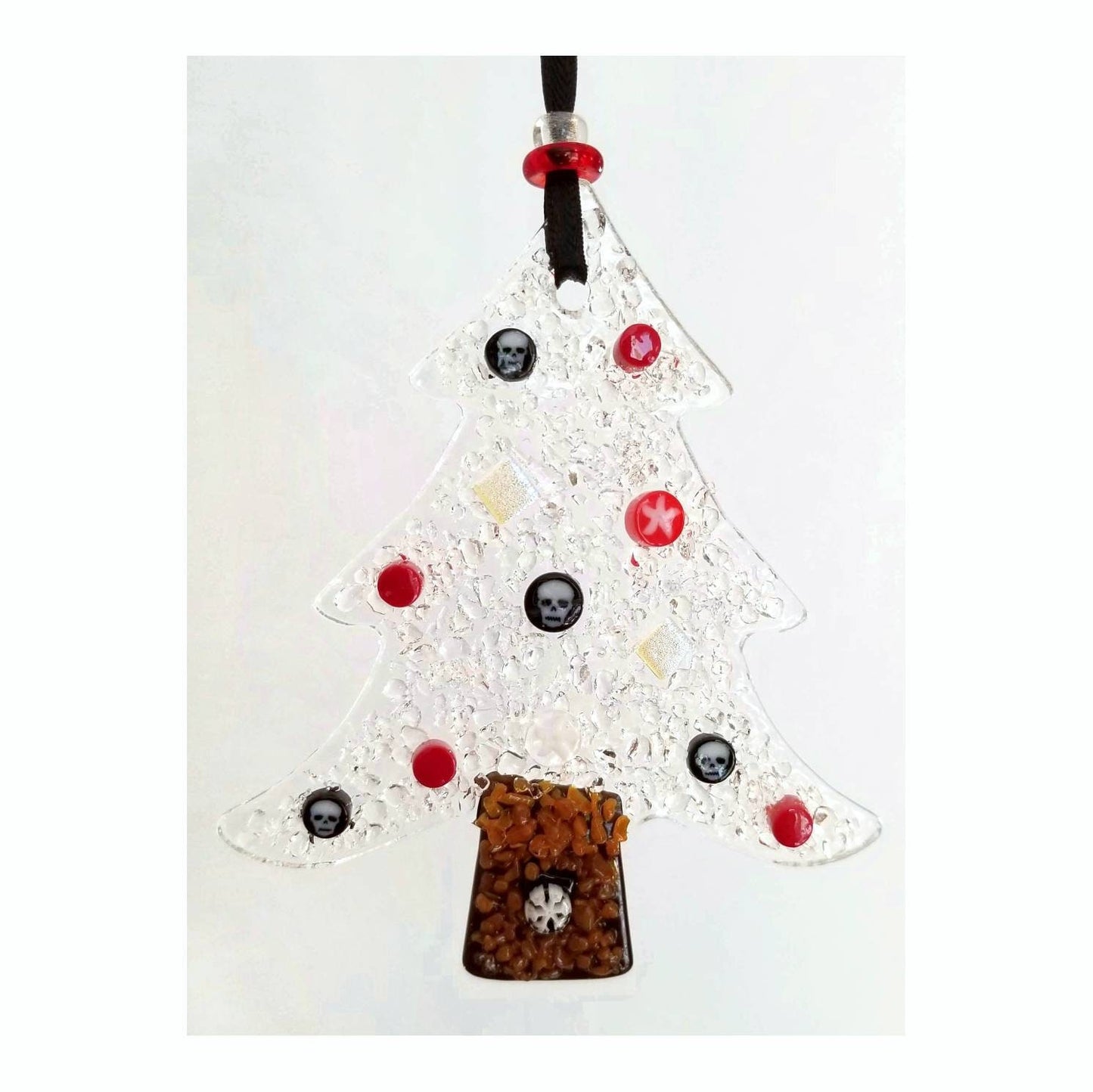 Goth Tree Ornament. Skull & Star Millefiori on Crushed Clear Glass. Alternative, Gothic Decor. Halloween Skull suncatcher, clear gift box.