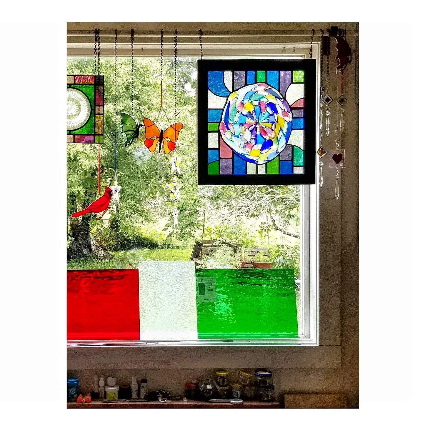 Stained Glass Sheets. Red, Green & Iridescent Clear. 4 pieces for holiday suncatchers. Diy, Artisian Glass Projects. Waterglass, Granite.