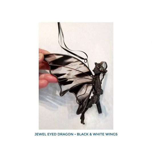 Dragon Suncatcher, Stained Glass Hanging. 3 dimensional figurine sculpture with faceted jewel eyes. Black, White & Clear wings.