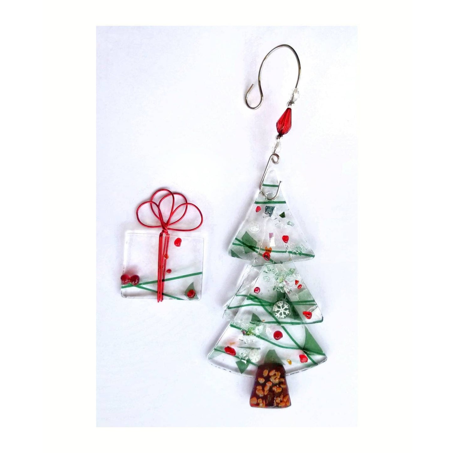 Christmas Tree Decor. Fused Glass Suncatcher & Gift Tag Ornament. 2 Piece Set. Kiln fired Holly Berry Glass. Gift boxed. Handmade.