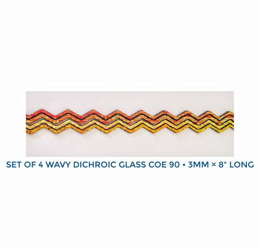 Dichroic Sheet Glass. Bright Oranges on Wavy Black Glass. 4 pieces, each 8" long. Coe 90 Fusible Glass. Jewelry accessories. Fall colors.