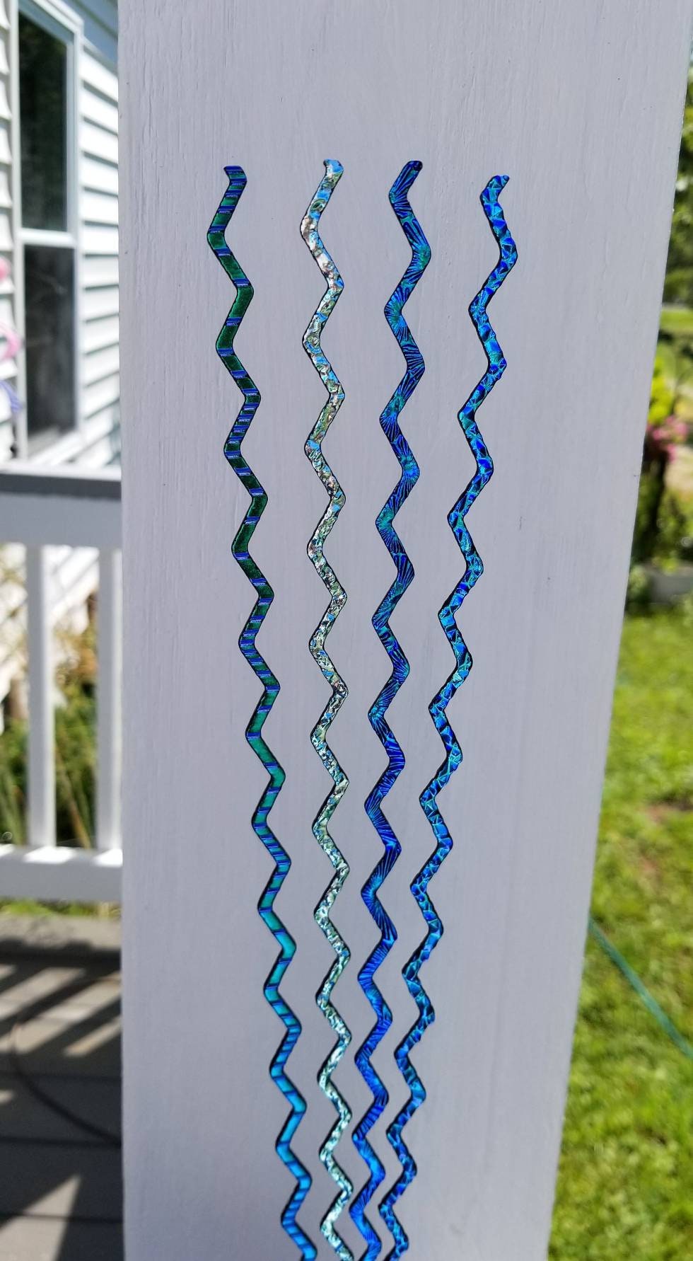Dichroic Sheet Glass. Bright Blues on Wavy Black Glass. 4 pieces, each 8" long. Coe 90 Fusible Glass. Jewelry accessories or mosaic crafts.