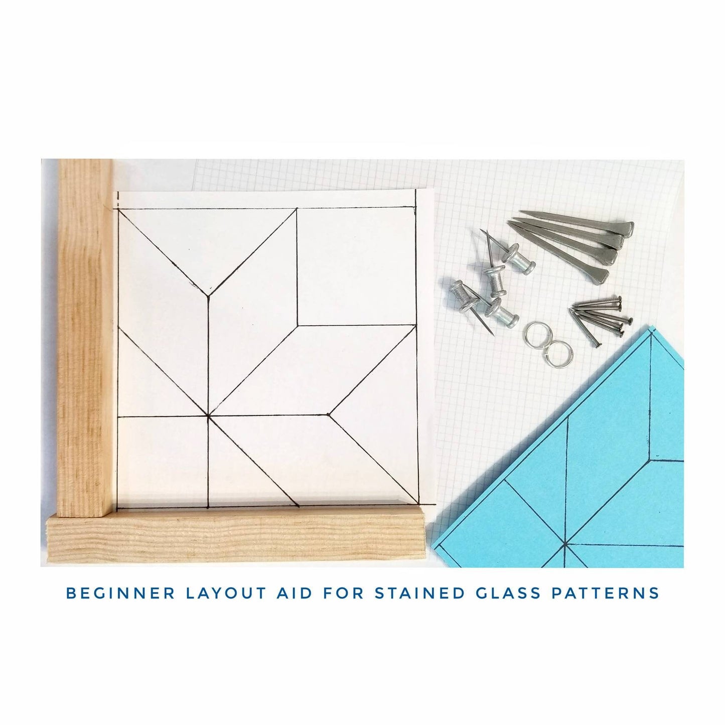 Beginner Stained Glass Pattern aid for Suncatchers. Create straight panels & squared up boxes. Wood stops, vellum graph paper, nails, rings.