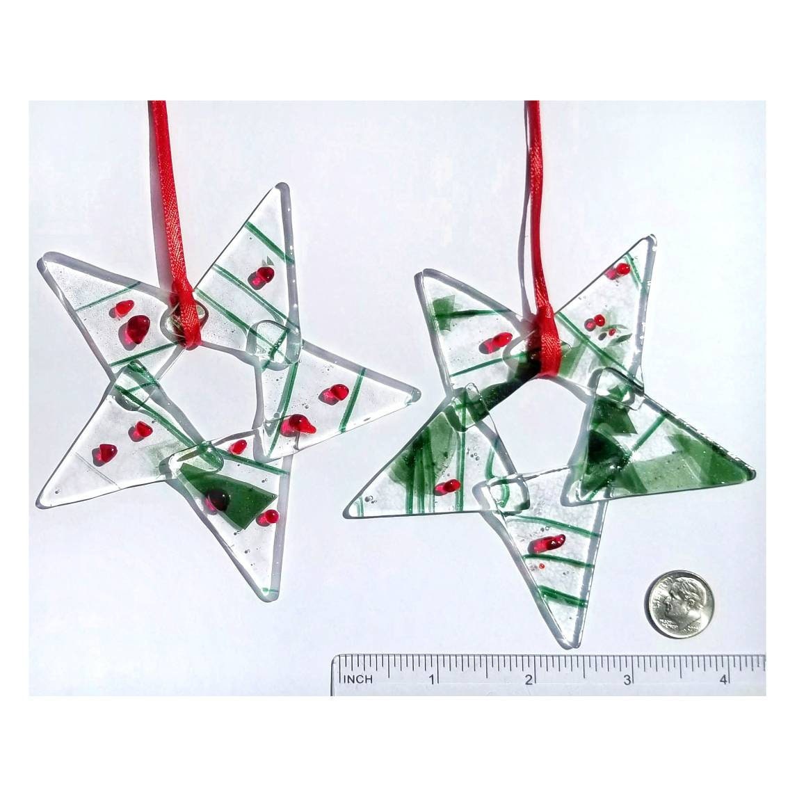 Christmas Tree Decor, Fused Glass Stars. Holiday Ornaments Set. Kiln fired Holly Berry Glass. Each gift boxed, free shipping to one address.