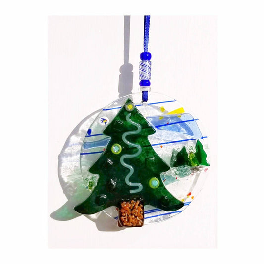 Forest Green Tree Ornament, Kiln Fired Fused Glass with Beads. Christmas Evergreen Pine Free shipping, gift boxed.