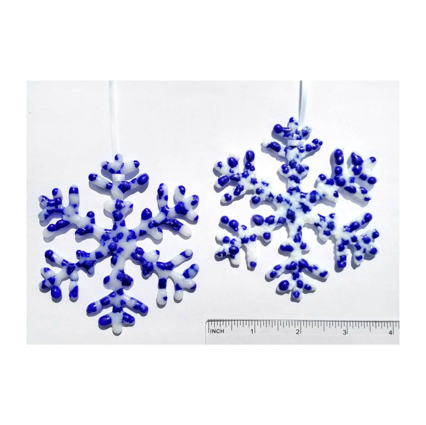 Winter Snowflake, Kiln Fused Glass. Cobalt Blue & White Ornament. A pretty Christmas gift, includes clear padded box. Hanauka holiday.