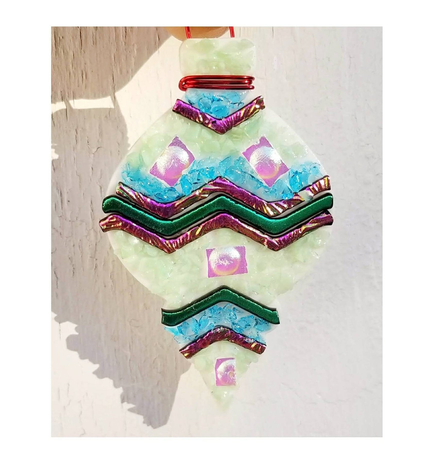 Christmas Tree Ornaments. Kiln Fused Glass & Pink wavy Dichroic glass. Each Gift boxed, free shipping.