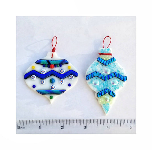 Fused Glass Ornaments. Blue, White & Crushed Glass Decorations. Gift Tags, Set of 2. Small gifts for saying thank you.